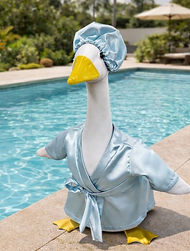  Conjunto de 2 peças para decoração de jardim com tema de ganso, incluindo roupão de cetim azul claro e touca de banho, ideal para decoração de varandas com ganso grande de 60-63 cm (24-25 polegadas).