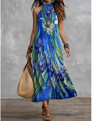  Damen Maxikleid Chiffonkleid Freizeitkleid Schwingkleid Boho Chic Kleider Bohemien Urlaub Tropisch Strand Ferien Date Normale Passform Blumen Grafik Ärmellos Neckholder Blau Rosa Purpur Sommer