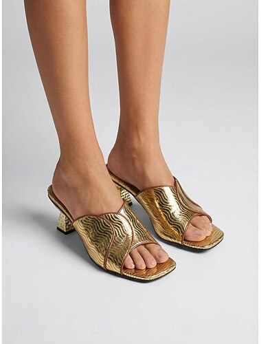  Gouden damessandalen met open teen en lage hak, elegante instapschoenen voor bruiloftsgasten, tuinbruiloft &buitenevenementen