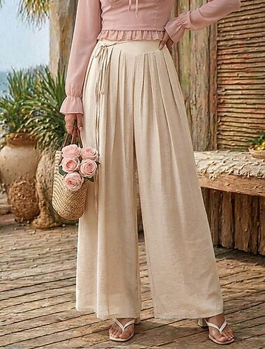  Per donna Gamba larga Chinos Vacanza Essenziale Lunghezza intera Vita Alta Semplice Coulisse Traspirante Inelastico Vacanza Streetwear Casual Taupe Nero Rosa Cachi Estate Primavera Vestibilità comoda