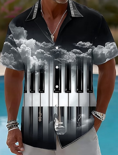  Herre Piano Musikknotater Skjorte Skjorte med knapper Camp skjorte Kortermet Vintage retro musikk festival Fritid / hverdag Sommer Vår cubansk krage 3D-utskrift Svart Brun Mørkeblå