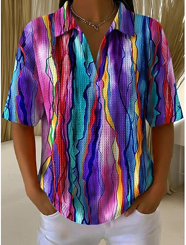  Kvinders Vaffel Sommer Toppe Grafisk Geometrisk Elegant Vintage Ærmeløs Kortærmet Skjorte Krave Regelmæssige Toppe Casual Dagligt Sort Gul Lys Lilla Lilla Orange Sommer Forår