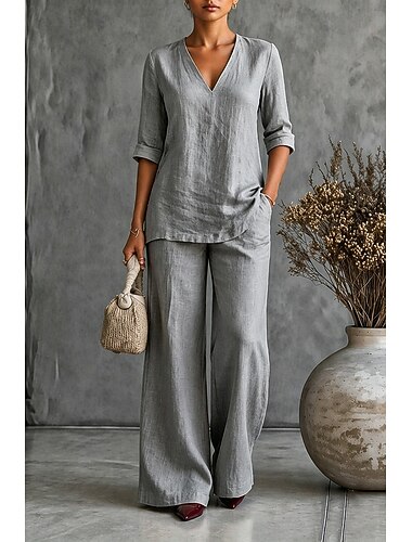  Γυναικεία Amestec Bumbac Σετ δύο τεμαχίων Σετ παντελονιών Μακρυμάνικο Λαιμόκοψη V Συμπαγές Χρώμα Κορδόνι Μοντέρνα Κομψό στυλ street Στυλάτο Causal Καθημερινά ΕΞΩΤΕΡΙΚΟΥ ΧΩΡΟΥ