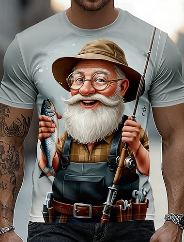  Miesten Vanha mies Kalastus T-paita Lyhythihainen T-paita 3D-tulostus Tiukka pyöreä kaula-aukko Paita Liioiteltu Suunnittelija Päivittäin Klubi Juhla Valkoinen Harmaa Kesä Kevät Kaikki vuodenajat