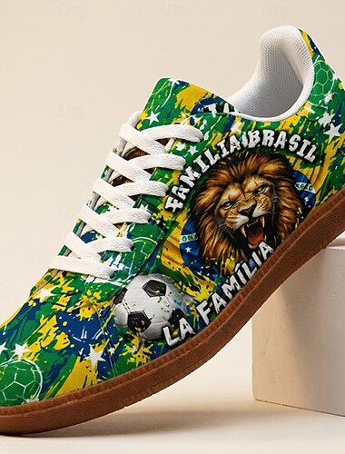  Heren casual sneakers met Braziliaanse leeuwenprint, vetersluiting, lichtgewicht, comfortabele wandelschoenen, voetbalfanschoenen voor WK-wedstrijden, sportevenementen, reizen en dagelijks gebruik.