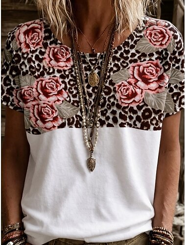  Dame T skjorte Fargeblokk Trykt mønster Grafisk Dyr Leopard Årgang Stilfull Klassisk Kortermet Crew-hals Rund hals Vanlige topper Daglig Helg Svart og Hvit Hvit / Rosa Brun Sommer Vår Høst