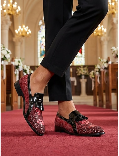  Herre premium skinnloafers med kvast, røde, stilige pensko til bryllup, formelle arrangementer og spesielle anledninger