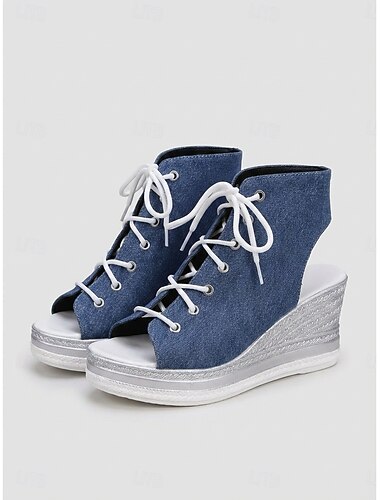  Sandálias femininas de plataforma com cadarço em jeans – modelo espadrille de bico aberto, ideais para festivais de música, férias e uso casual ao ar livre.