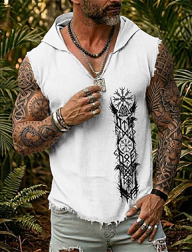  herre vegvisir valknut norrøne runer ravn viking kriger boho ermeløs hettevest grafisk bomull lin frynsete rå fald løs passform sommer strand festival designerklær s m l xl xxl xxxl