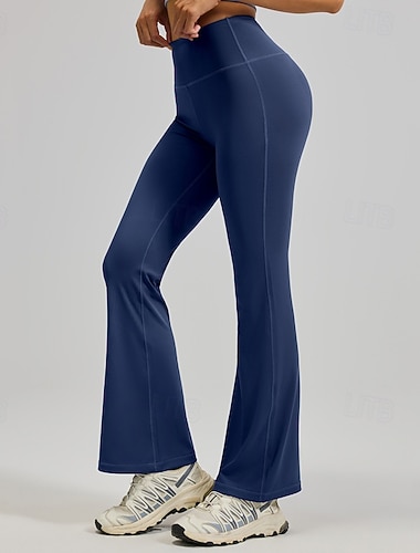  Mulheres Calças de Pilates Calças de ioga Calça Flare Queimado Cintura Alta Academia Treino de Ginástica Corrida Calças Leggings Côr Sólida Cinzento Escuro Preto Azul Esportes Roupas Esportivas