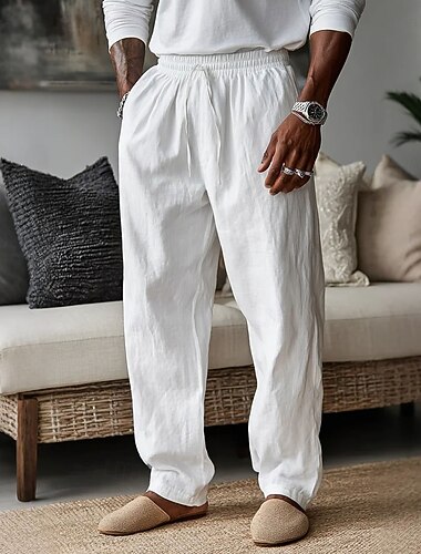  Herren Leinenhosen Hose Sommerhose Baggy-Hosen Strandhose Kordelzug Tasche Einfach Komfort Atmungsaktiv Volle Länge Täglich Heim Arbeit Urlaub Stilvoll Weiß Khaki Unelastisch
