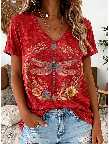  Naisten T-paita Painettu Kukka Kuvitettu Eläin Vintage Tyylikäs Klassinen Lyhythihainen V kaula-aukko Tavalliset topit Kausaliteetti Päivittäin Bile Rubiini Taivaan sininen Purppura Kesä Kevät