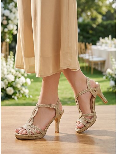  Damesandaler med høy hæl og gullglitter, elegante pensko med åpen tå til bryllupsgjester, hagebryllup &formelle arrangementer