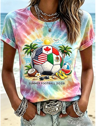  Damen T Shirt Druck Grafik Fussballteam Stilvoll Klassisch Lässig Kurzarm Rundhalsausschnitt Normale Oberteile Lässig Täglich Blau Gelb Rosa Sommer Frühling