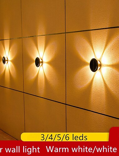 Conjunto de 2 luminárias solares de parede à prova d'água, super brilhantes, com proteção solar, para jardim, redondas, com iluminação LED para iluminação ambiente.