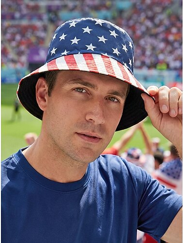  Omkeerbare polyester bucket hat voor heren, met Amerikaanse vlagprint, lichtgewicht voetbalpet voor wedstrijddagen, supporters, casual sport en outdoor kleding.