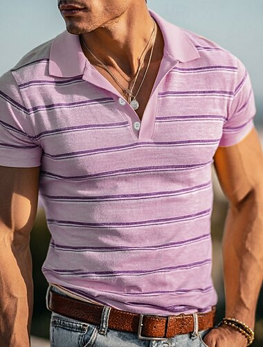  رجالي شرائط أفقية خط قمصان البولو كم قصير قمصان البولو قميص بياقة كاجوال ملابس الرياضة Buttons خامة شبكية تسمح بمرور الهواء للربيع والصيف أزرق أصفر أرجواني