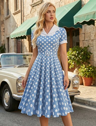 1950-tallet Retro / vintage Rockabilly Middag Swing kjole Flare kjole Korte ermer Polkadotter Trang og vid passform Kostyme Dame Karneval Valentinsdag Avslappet Ball Retro-temafest Voksne Kjole Vår