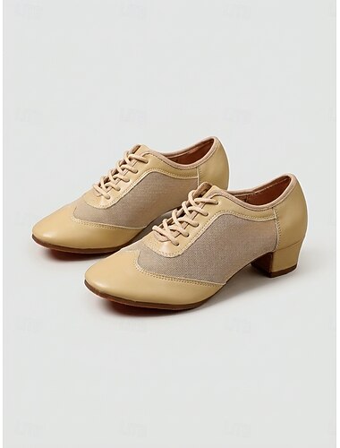 Chaussures de danse de salon beiges à lacets pour femmes, talons d'entraînement professionnels à bout fermé pour la valse, le foxtrot et le tango & entraînement