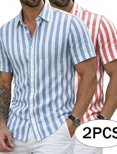  Homens Camisa Social Camisa de linho camisa de verão camisa de praia Camisas listradas Tiras verticais Casual Férias Amarelo + azul Rosa + Amarelo Amarelo + verde Azul marinho+amarelo Manga Curta