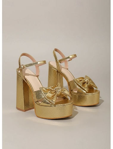  Damesplateauhakken in discostijl uit de jaren 70 - sprankelende, glinsterende sandalen met dikke hakken en strikdetails, perfect voor Studio 54-feesten en nachtclubavonden. &glamoureuze retro outfits