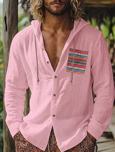  Homme Chemise Chemise en lin Chemise d'été Chemise de Plage Chemise Boutonnée Chemise à capuche Bohème Occasionnel Vacances Rose Claire Vert manche longue À capuche Été Printemps Vêtement Tenue