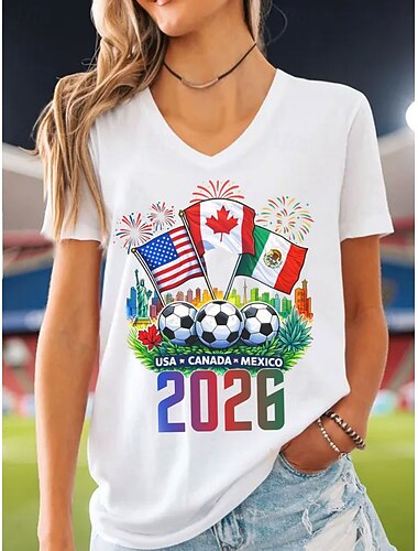  Damen T Shirt Druck Grafik Fussballteam Stilvoll Klassisch Lässig Kurzarm V Ausschnitt Normale Oberteile Lässig Täglich Weiß Sommer Frühling