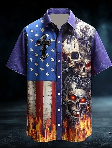  Homme 4 juillet, 250e anniversaire des États-Unis Croix Drapeau américain Chemise Chemise d'été Chemise Boutonnée Manche Courte Style gothique sombre Patriotique Extérieur Vêtements de rue Fête Ét