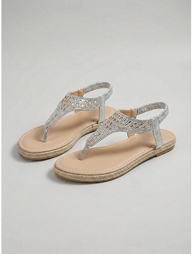  Sandali infradito da donna con strass argentati scintillanti - eleganti sandali piatti con cinturino a T glitterato e cinturino elastico alla caviglia per vacanze al mare e matrimoni in riva al mare