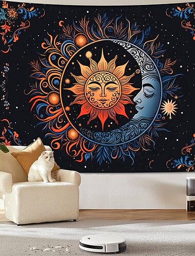  Boho mandala väggbonad halvmåne stjärnklar natt blomma väggbonad bränd orange hippie psykedelisk konst stor tygaffisch för sovrum studentrum vardagsrum yoga meditation dekor