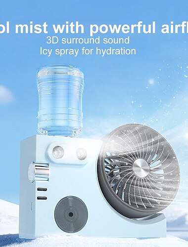 Nagy teljesítményű, hűvös ködös párásító ventilátorral, USB-n újratölthető hűsítő asztali ventilátor víztartállyal, 3 sebességfokozattal és 2 köd üzemmóddal, utazáshoz, szabadban, sminkeléshez, kempingezéshez, otthoni és irodai használatra
