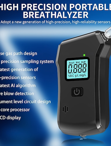  Etilometro portatile professionale, tester digitale per alcol ad alta precisione con display LCD HD &Algoritmo di intelligenza artificiale, etilometro personale preciso (batteria non inclusa)