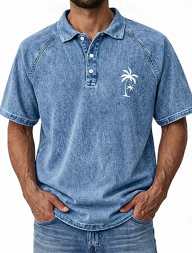  男性用 ポロシャツ コットン100% アシッドウォッシュシャツ カジュアル 祝日 ラペル 半袖 ファッション ベーシック ヤシの木 ボタン ビンテージ 春夏 ブルー ルビーレッド パープル ブラウン グリーン グレー ポロシャツ