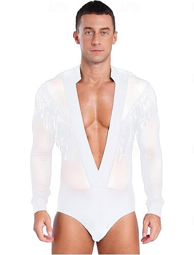  Collant branco masculino para dança de salão latina - collant com franjas de lantejoulas e decote em V profundo para salsa. & desempenho