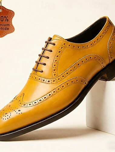  Herresko med sennepsgule vingetuppbrogue-oxfordsko med perforerte detaljer, klassiske vintage-pensko for menn, ideelle for bryllup, forretningsmøter, fester og formelle anledninger.