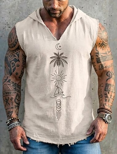 heren hoodie/vest met geometrische print van palmbomen, zon, zeilboot en maan, boho kuststijl, mouwloos, losvallend model, V-hals, gerafelde zoom, zomerse strandvakantie, designerkleding, maten S, M,