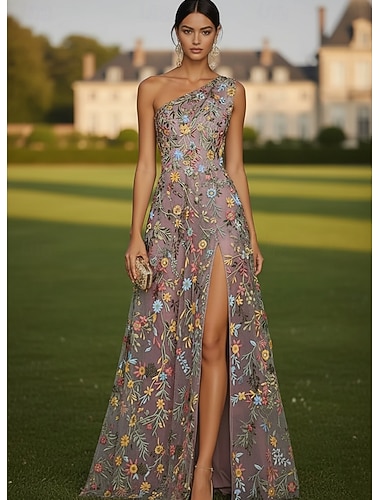  A-Linie Bodenlang Abendkleid Festliche Kleidung Elegant Blumen Ärmellos Ein-Schulter Gartenparty Hochzeit Chiffon Tüll mit Blumenmuster Gestickte Blume Schlitz