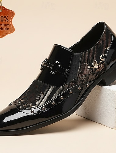  Herresko i svart lakkskinn med slip-on-detaljer, spiss tå, broderte pensko med metallbit, til bryllup, banketter, fester, skoleball, nattklubber og herrekvelder