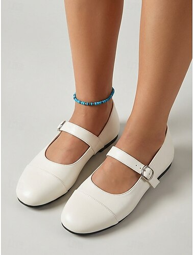  أحذية ماري جين بيضاء مسطحة للنساء - أحذية باليه كلاسيكية مغلقة من الأمام، أحذية مسطحة مريحة مزودة بحزام بإبزيم للعمل والمشي غير الرسمي &ملابس يومية