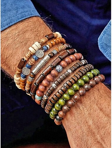  Herenarmbandenset in bohemian stijl met houten kralen, 10 elastische, stapelbare armbanden voor strandvakantie, dagelijks gebruik, reizen en festivals.