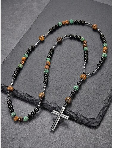  Lange herenketting in bohemian stijl met natuurstenen, een ketting met een kruisvormige hanger in verschillende kleuren, perfect voor vakanties, dagelijks gebruik, resortstijlen en gelaagde