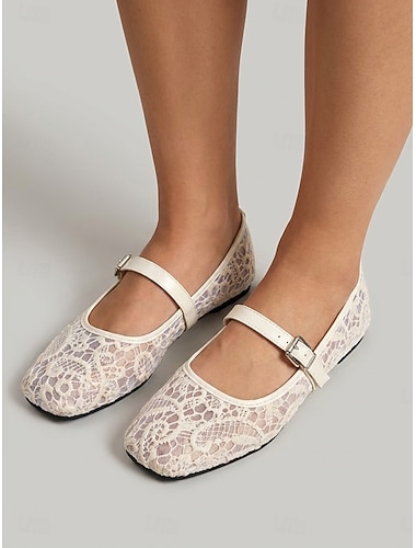  Ballerines Mary Jane blanches en dentelle pour femme - ballerines respirantes à bout carré avec empiècement en maille fleurie &bride de cheville pour les vacances sur une île, les mariages sur la