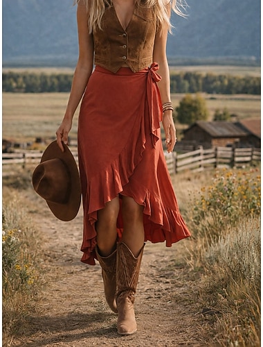  Dame Ferieskjørt Elegant Mote Fritid Midi Mellomhøyt liv Skjørt عادي Rynket Uregelmessig hem Uelastisk Daglig Gate Svart Rosa Militærgrønn Rød Sommer Bomull Polyester