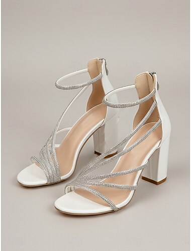  صنادل نسائية بكعب عريض مرصعة بأحجار الراين، أحذية رسمية بكعب سميك ملفوفة حول الكاحل لحفلات الكوكتيل وحفلات التخرج &فعاليات مسائية