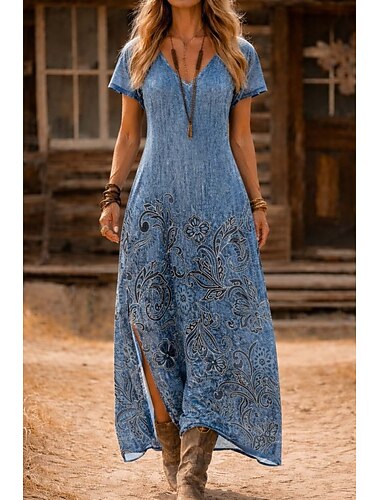  Dame Maxikjole Solkjole Kjole med A-linje Ferie Fritid Bohem Strand Ut på byen Standard passform Blomstret Grafisk Kortermet V-hals Blå Svart og Gul Regnbue Sommer Vår