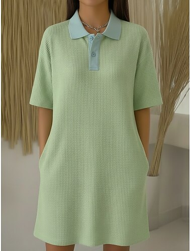  Damen Knielanges Kleid Shiftkleid Freizeitkleid Tartan-Kleid Klassisch Täglich Wochenende Lässiger Schnitt Farbblock Kurzarm Hemdkragen Weiß Hellgrün Orange Leicht Blau Sommer Frühling