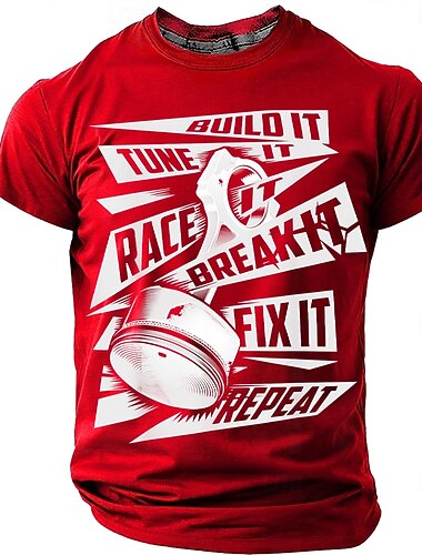  Camiseta masculina com estampa "Construa, ajuste, corra, quebre, conserte, repita" - peça de motor a pistão, entusiasta de carros de corrida, mecânico, manga curta, gola redonda, para trabalho em