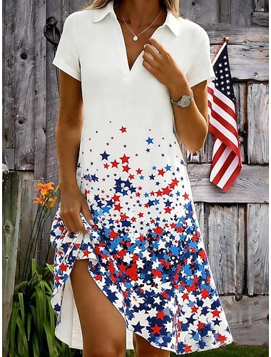  Amerikanischer Unabhängigkeitstag Damen Minikleid A Linie Kleid Urlaub Lässig Strand Normale Passform Grafik Flagge Kurzarm V Ausschnitt Weiß Rote Beige Sommer Frühling