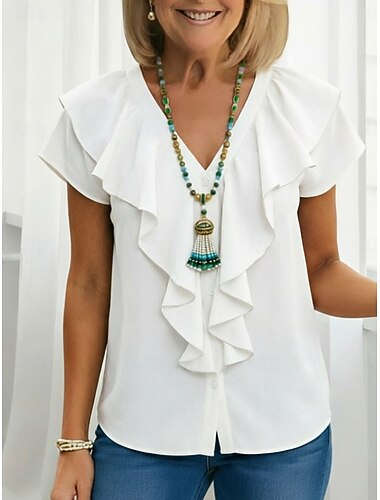  Damen Hemd Bluse Rüsche Einfach Aktiv Stilvoll Ärmellos V Ausschnitt Normale Oberteile Täglich Outdoor Ferien Schwarz Weiß Wein Dunkelgrün Dunkelblau Sommer Frühling