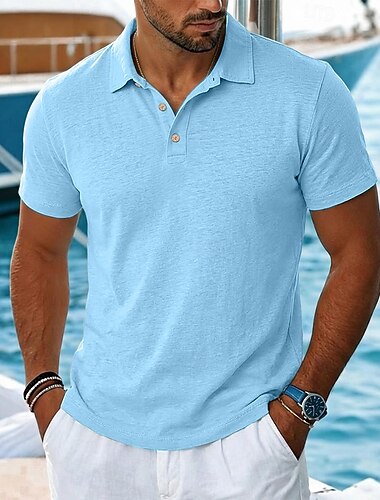  Homens Camisa de linho Camisas Polo Casual Férias Clássico Manga Curta Férias Moda Tecido Textura Botões Verão Primavera Normal Azul Céu Preto Rosa Verde Azul Claro Camisa de linho